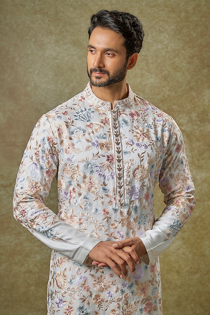 Ivory Linen Satin Sequins Embroidered Kurta Set by Seema Gujral Men at Pernia's Pop Up Shop