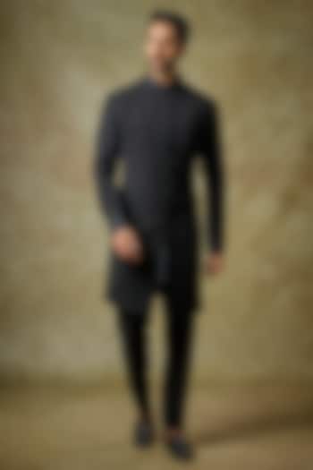 Black Italian Crepe Thread Embroidered Sherwani Set by Seema Gujral Men