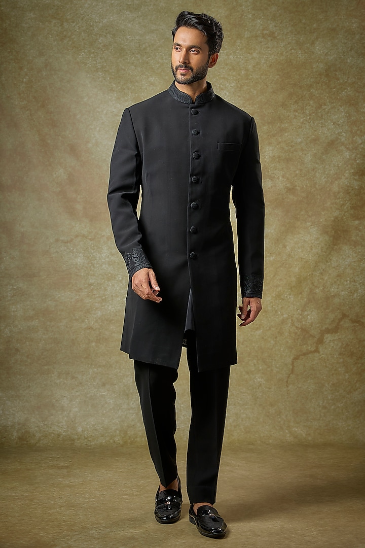 Black Italian Crepe Thread Embroidered Sherwani Set by Seema Gujral Men