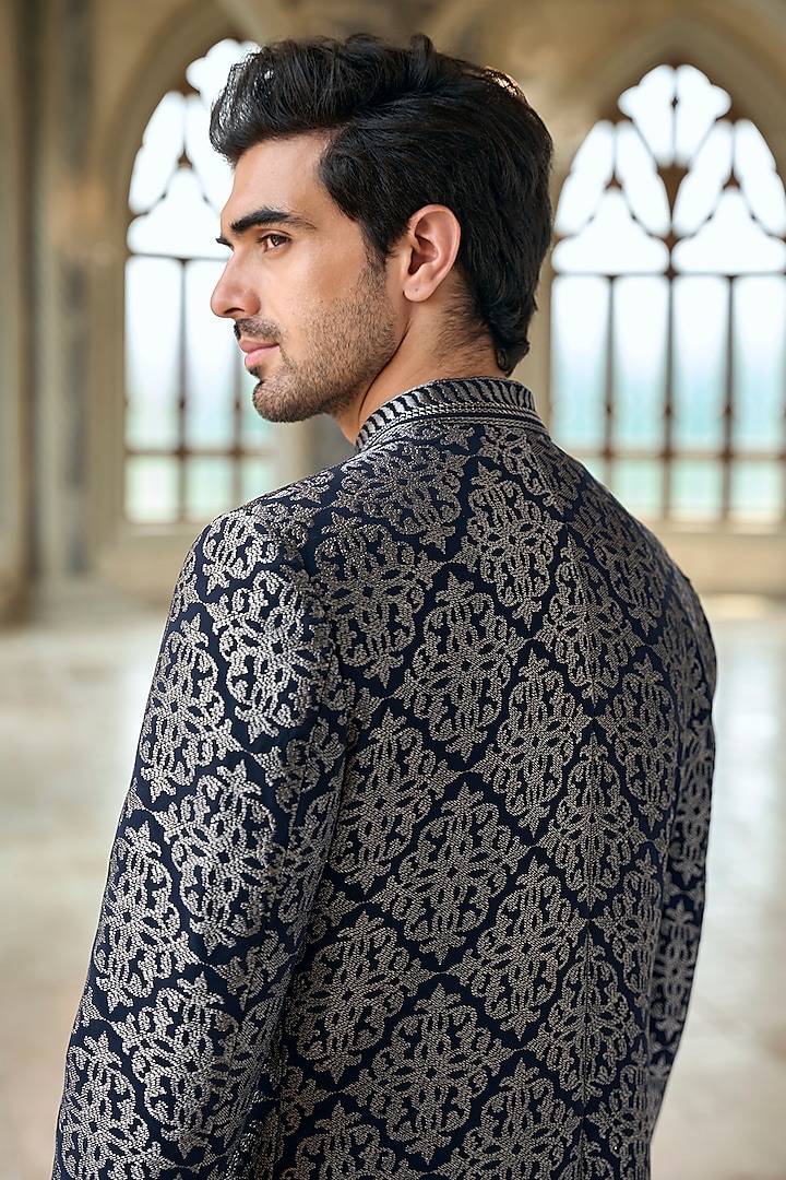 Navy Italian Crepe Thread Embroidered Groom Sherwani Set by Seema Gujral Men at Pernia's Pop Up Shop