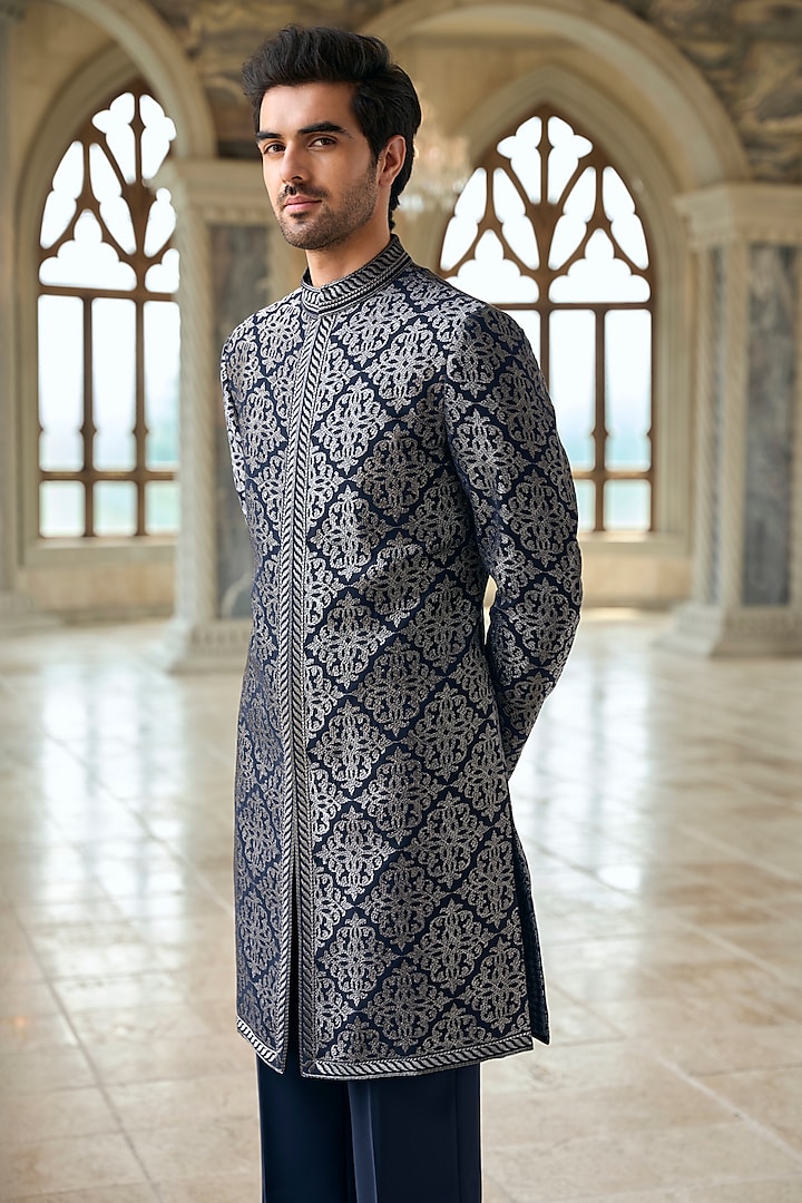 Navy Italian Crepe Thread Embroidered Groom Sherwani Set by Seema Gujral Men at Pernia's Pop Up Shop