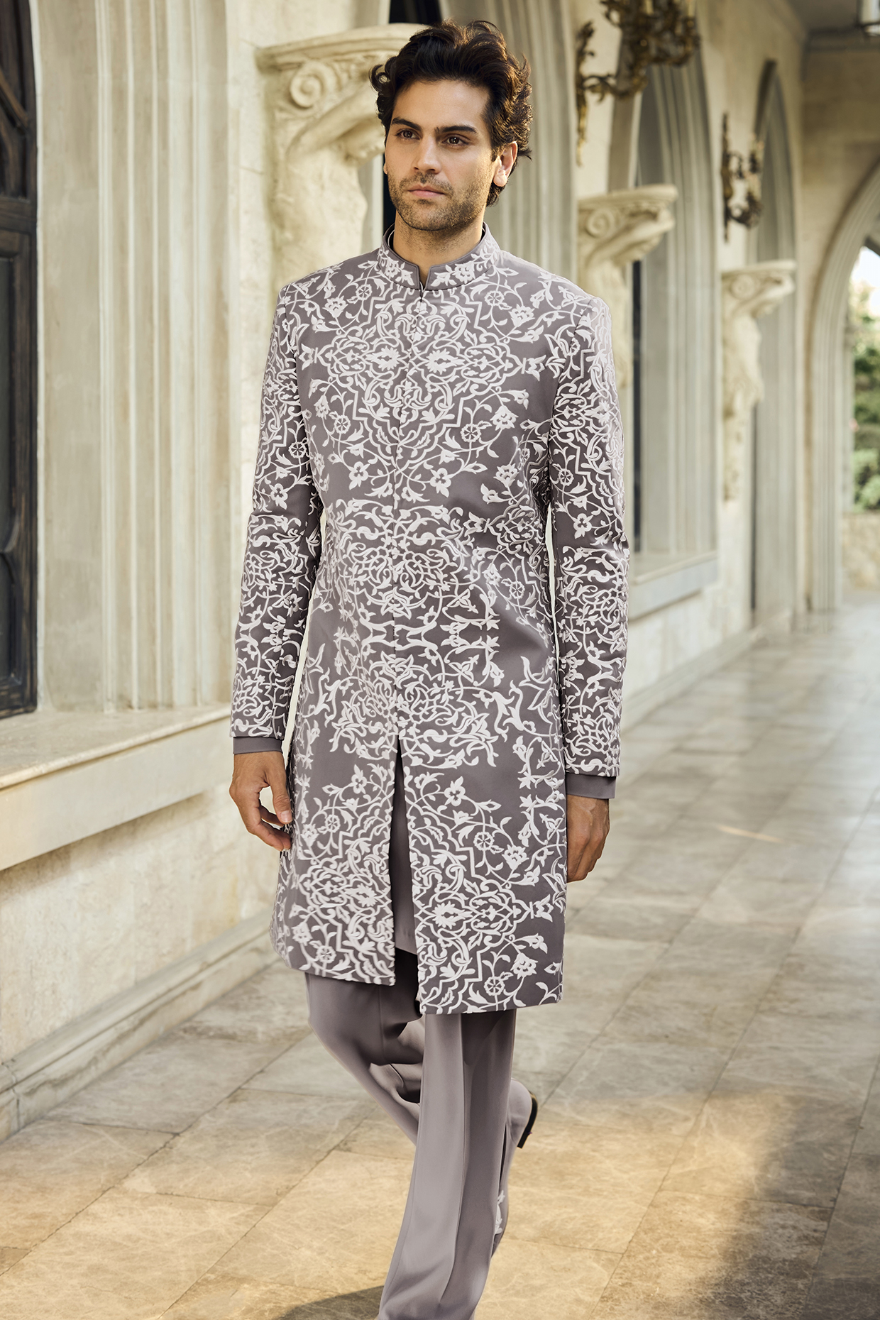 Grey Italian Crepe Zari Embroidered Sherwani Set by Seema Gujral Men