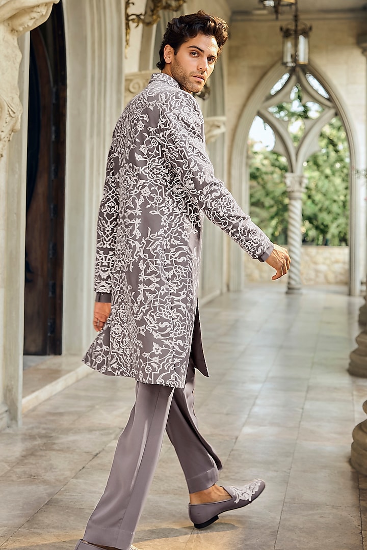 Grey Italian Crepe Zari Embroidered Groom Sherwani Set by Seema