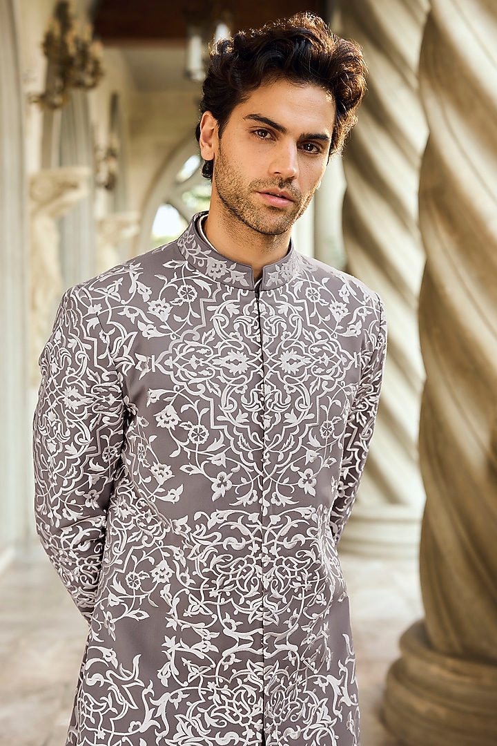 Grey Italian Crepe Zari Embroidered Groom Sherwani Set by Seema Gujral Men at Pernia's Pop Up Shop