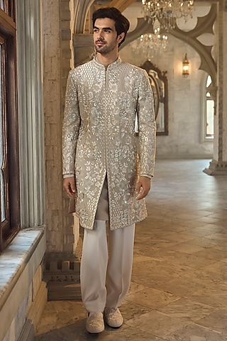 Greige Italian Crepe Zari Embroidered Sherwani Set by Seema Gujral Men
