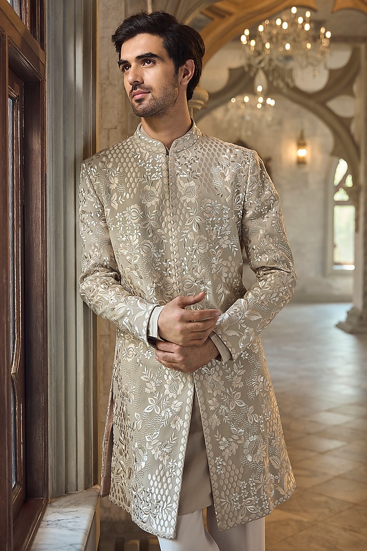 Greige Italian Crepe Zari Embroidered Groom Sherwani Set by Seema Gujral Men at Pernia's Pop Up Shop