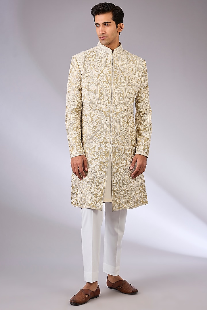 Ivory Italian Crepe Sherwani Set by Seema Gujral Men
