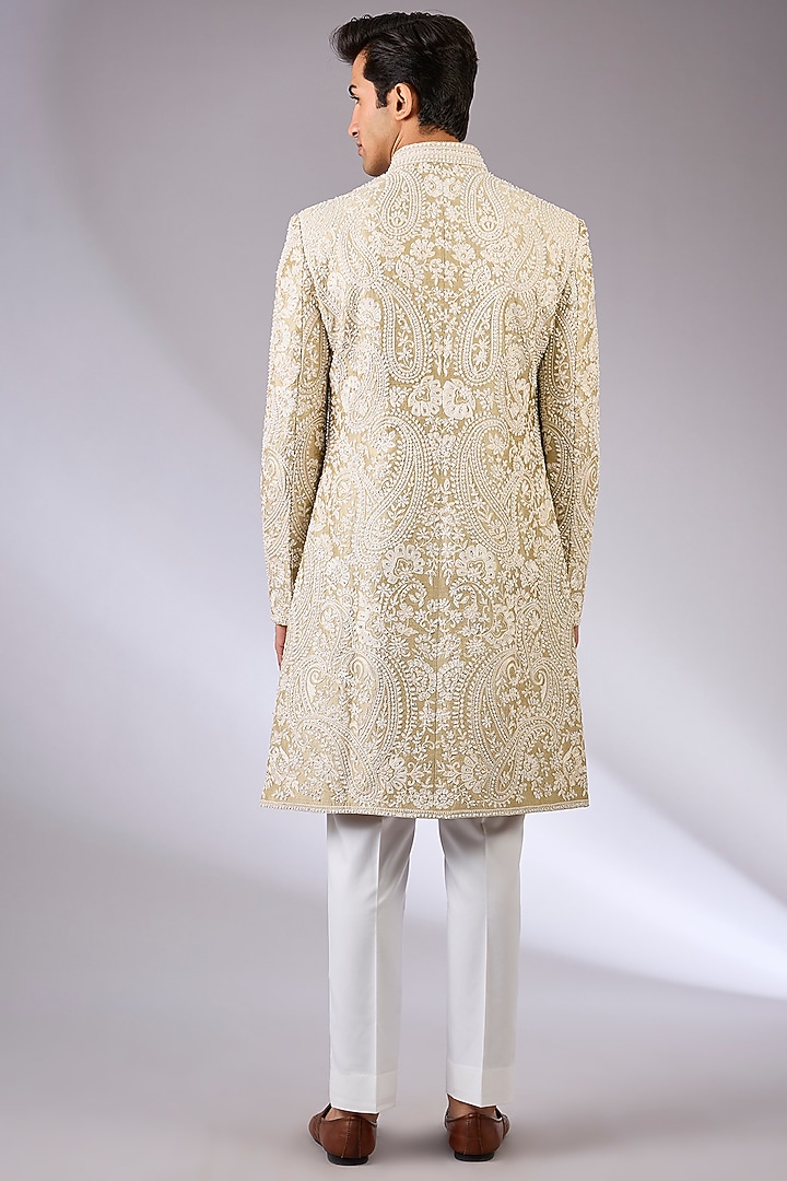 Ivory Italian Crepe Sherwani Set by Seema Gujral Men at Pernia's Pop Up Shop