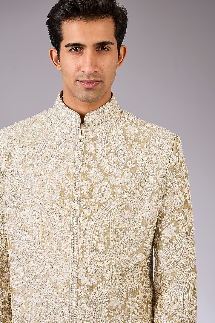 Ivory Italian Crepe Sherwani Set by Seema Gujral Men at Pernia's Pop Up Shop
