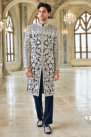 Navy Italian Crepe Thread Embroidered Sherwani Set by Seema Gujral Men