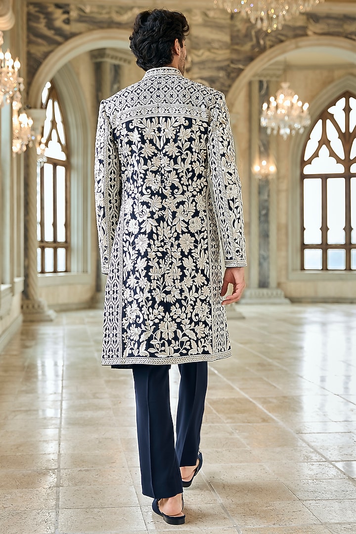 Navy Italian Crepe Thread Embroidered Groom Sherwani Set by Seema Gujral Men at Pernia's Pop Up Shop