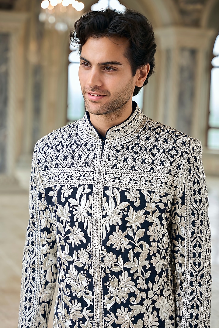 Navy Italian Crepe Thread Embroidered Groom Sherwani Set by Seema Gujral Men at Pernia's Pop Up Shop