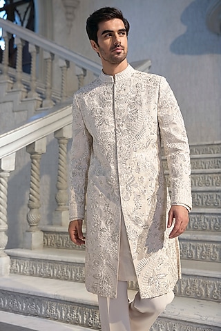 Ivory Italian Crepe Zari Embroidered Sherwani Set by Seema Gujral Men
