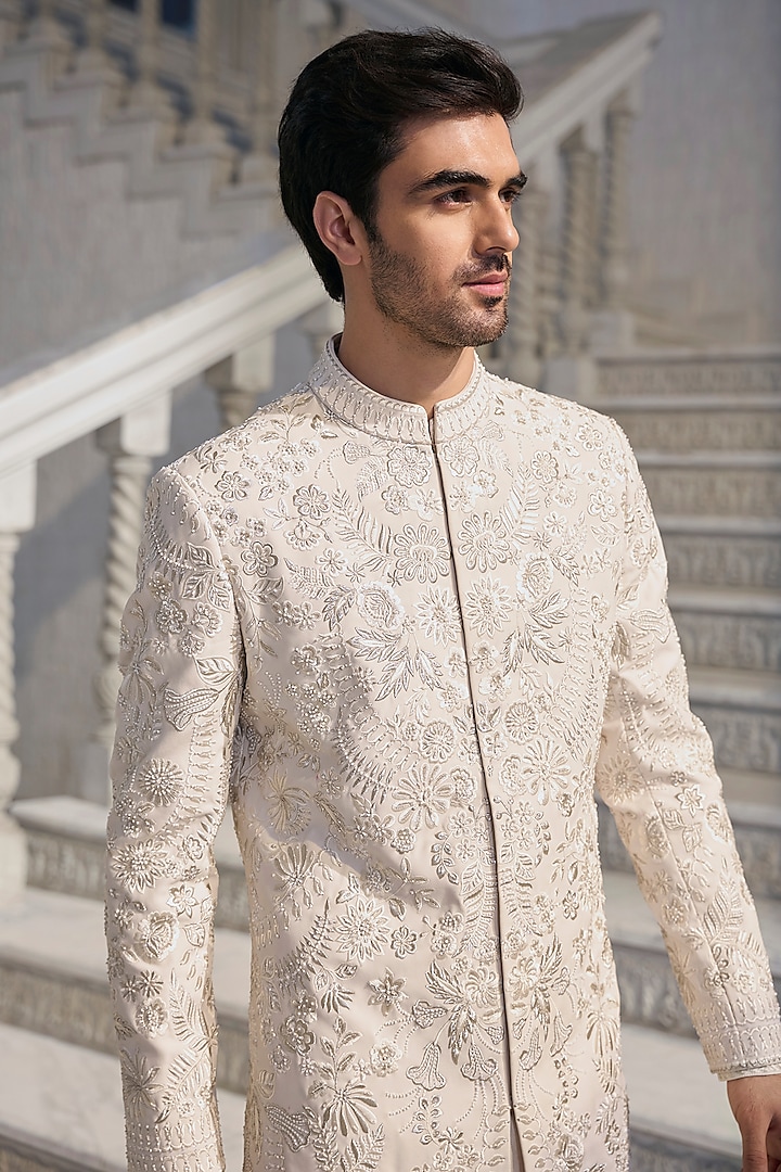 Ivory Italian Crepe Zari Embroidered Groom Sherwani Set by Seema Gujral Men at Pernia's Pop Up Shop