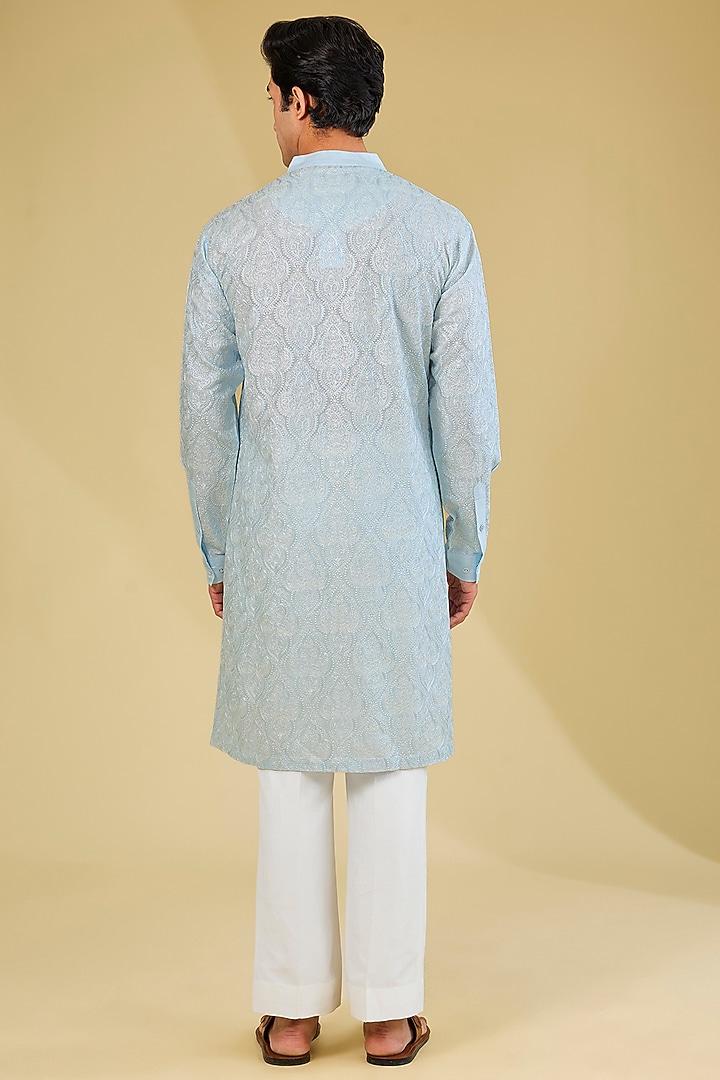 Aqua Blue Silk Dori Embroidered Kurta by Seema Gujral Men at Pernia's Pop Up Shop