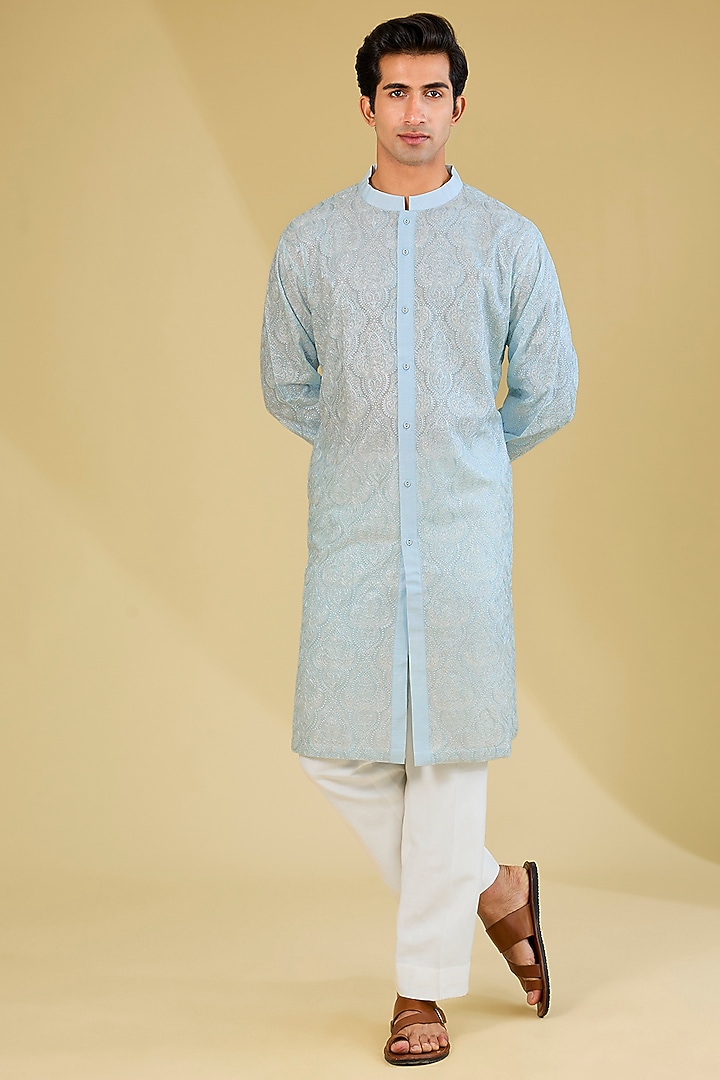 Aqua Blue Silk Dori Embroidered Kurta by Seema Gujral Men at Pernia's Pop Up Shop