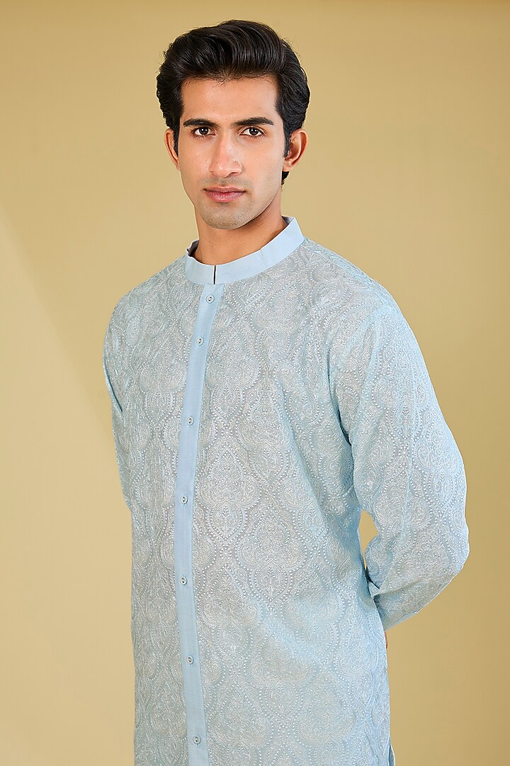 Aqua Blue Silk Dori Embroidered Kurta by Seema Gujral Men at Pernia's Pop Up Shop