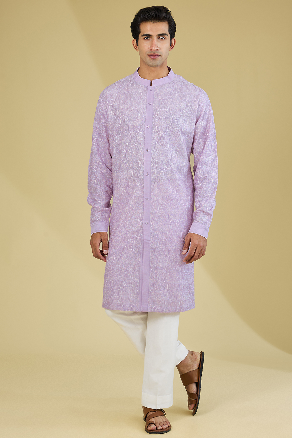 Lavender Silk Dori Embroidered Kurta by Seema Gujral Men