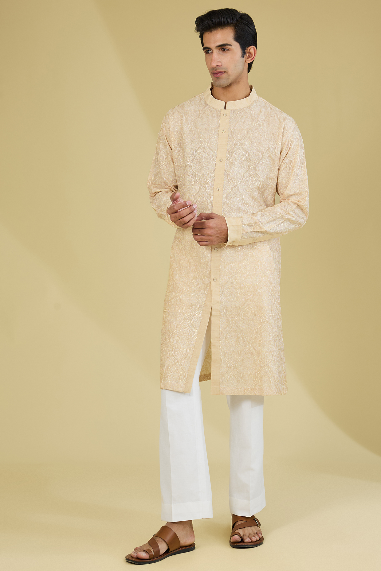 Beige Silk Dori Embroidered Kurta by Seema Gujral Men