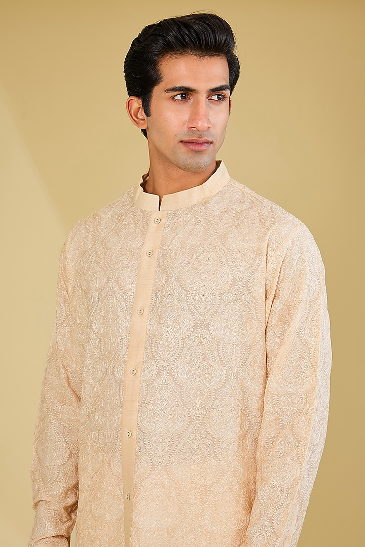 Beige Silk Dori Embroidered Kurta by Seema Gujral Men at Pernia's Pop Up Shop