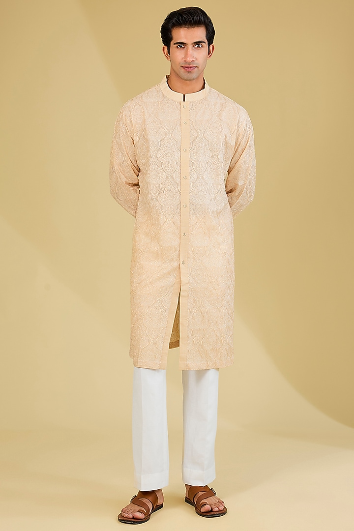 Beige Silk Dori Embroidered Kurta by Seema Gujral Men at Pernia's Pop Up Shop