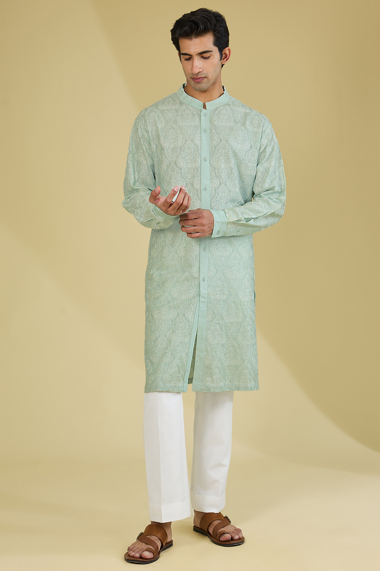 Sage Green Silk Dori Embroidered Kurta by Seema Gujral Men