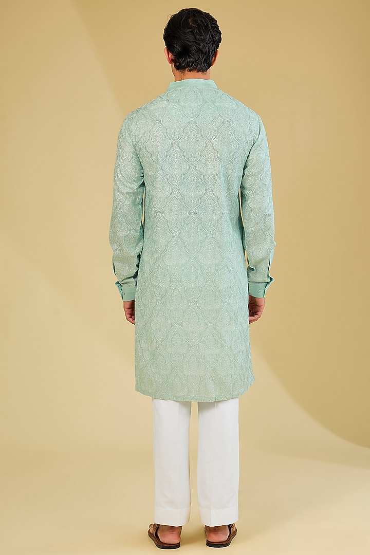 Sage Green Silk Dori Embroidered Kurta by Seema Gujral Men at Pernia's Pop Up Shop