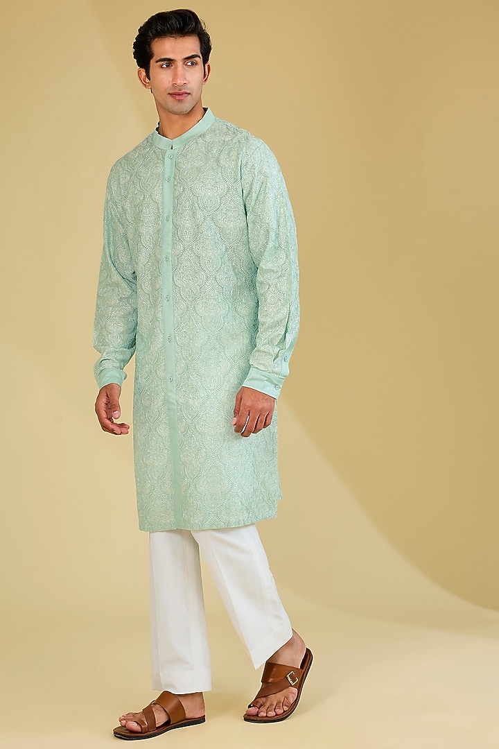 Sage Green Silk Dori Embroidered Kurta by Seema Gujral Men at Pernia's Pop Up Shop