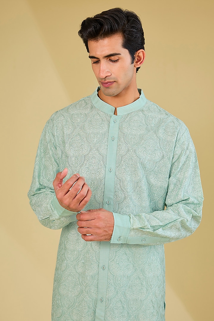 Sage Green Silk Dori Embroidered Kurta by Seema Gujral Men at Pernia's Pop Up Shop