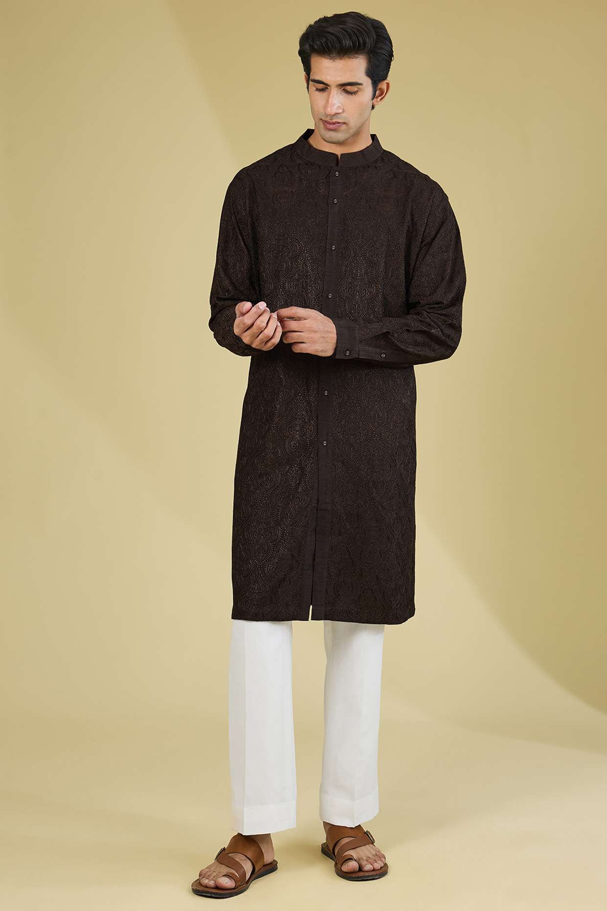 Coffee Brown Silk Dori Embroidered Kurta by Seema Gujral Men