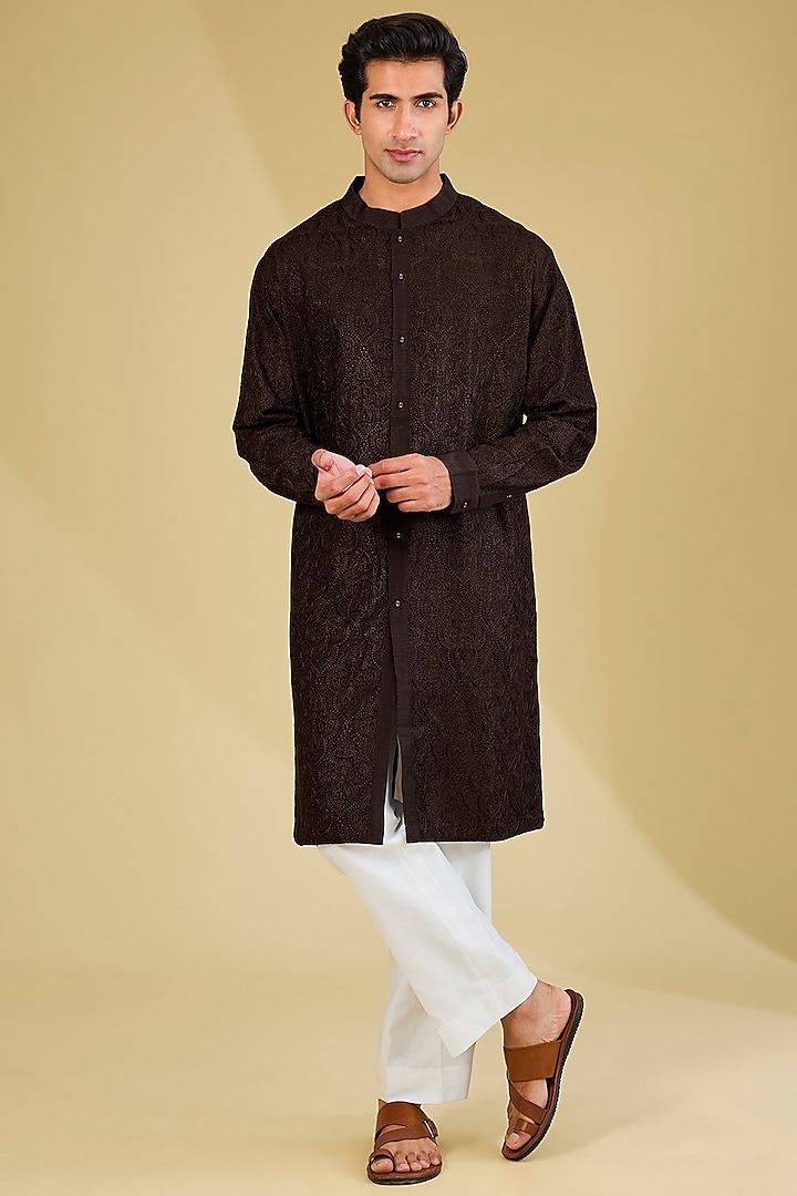 Coffee Brown Silk Dori Embroidered Kurta by Seema Gujral Men at Pernia's Pop Up Shop