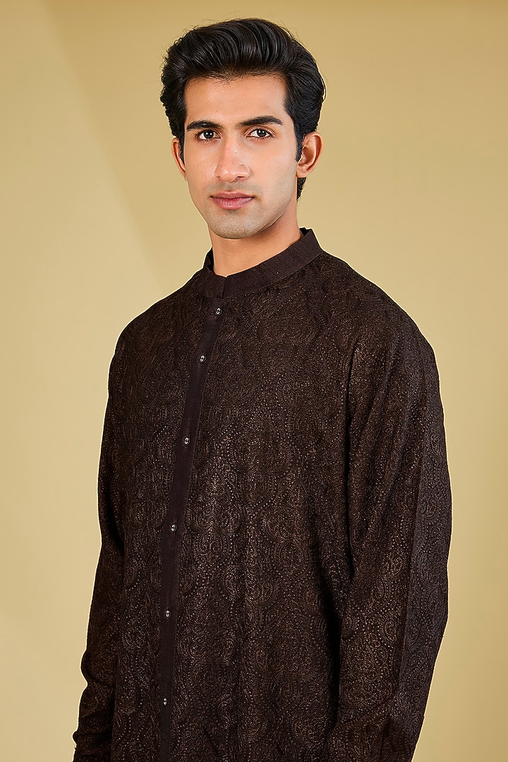 Coffee Brown Silk Dori Embroidered Kurta by Seema Gujral Men at Pernia's Pop Up Shop