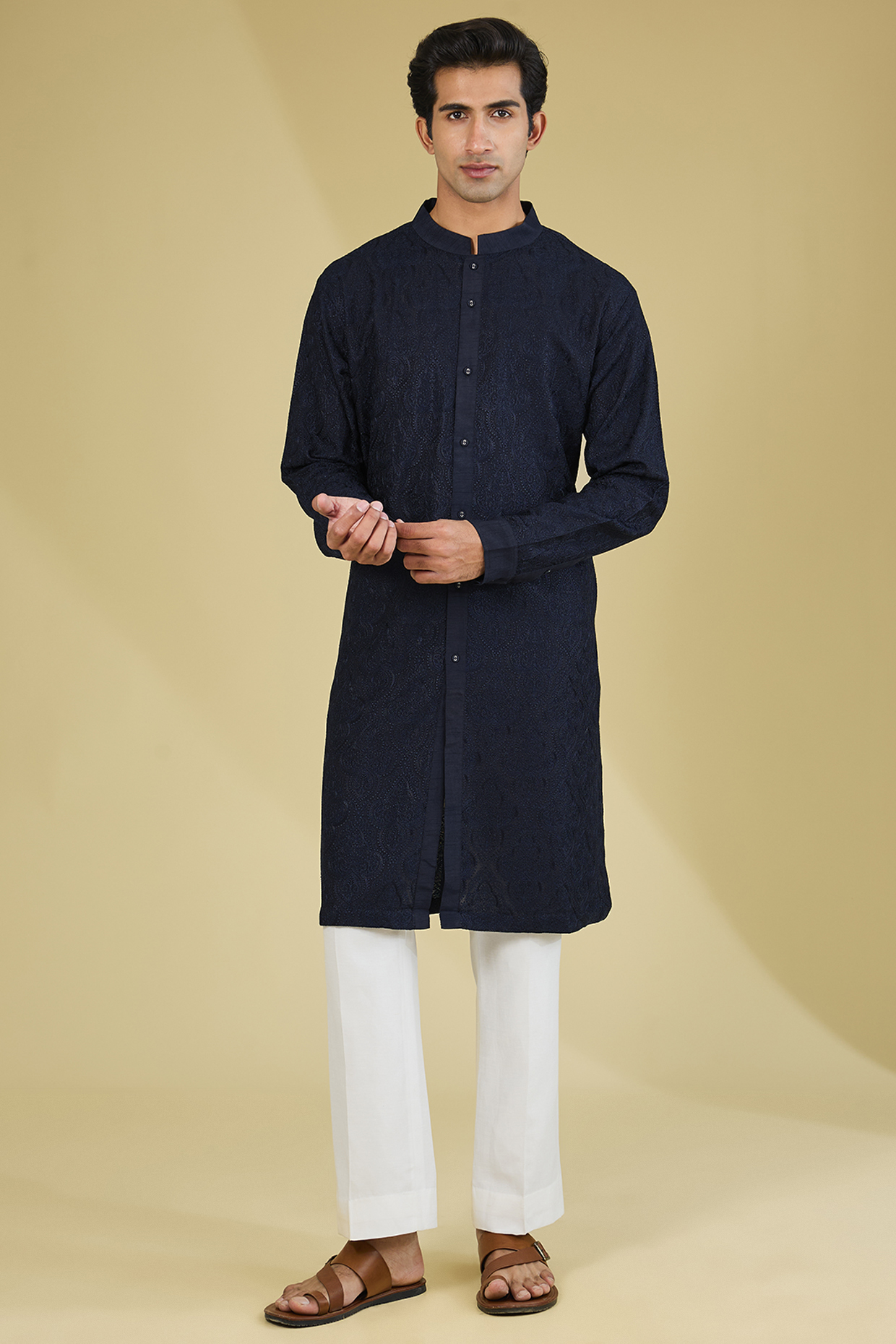 Midnight Blue Silk Dori Embroidered Kurta by Seema Gujral Men