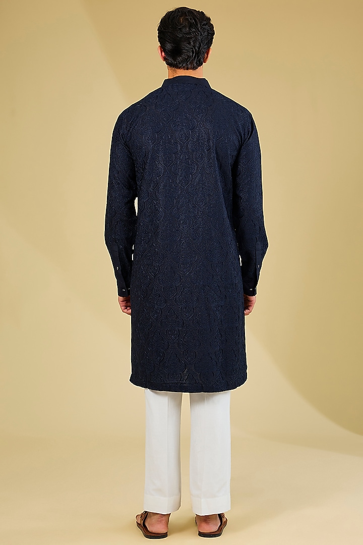 Midnight Blue Silk Dori Embroidered Kurta by Seema Gujral Men at Pernia's Pop Up Shop