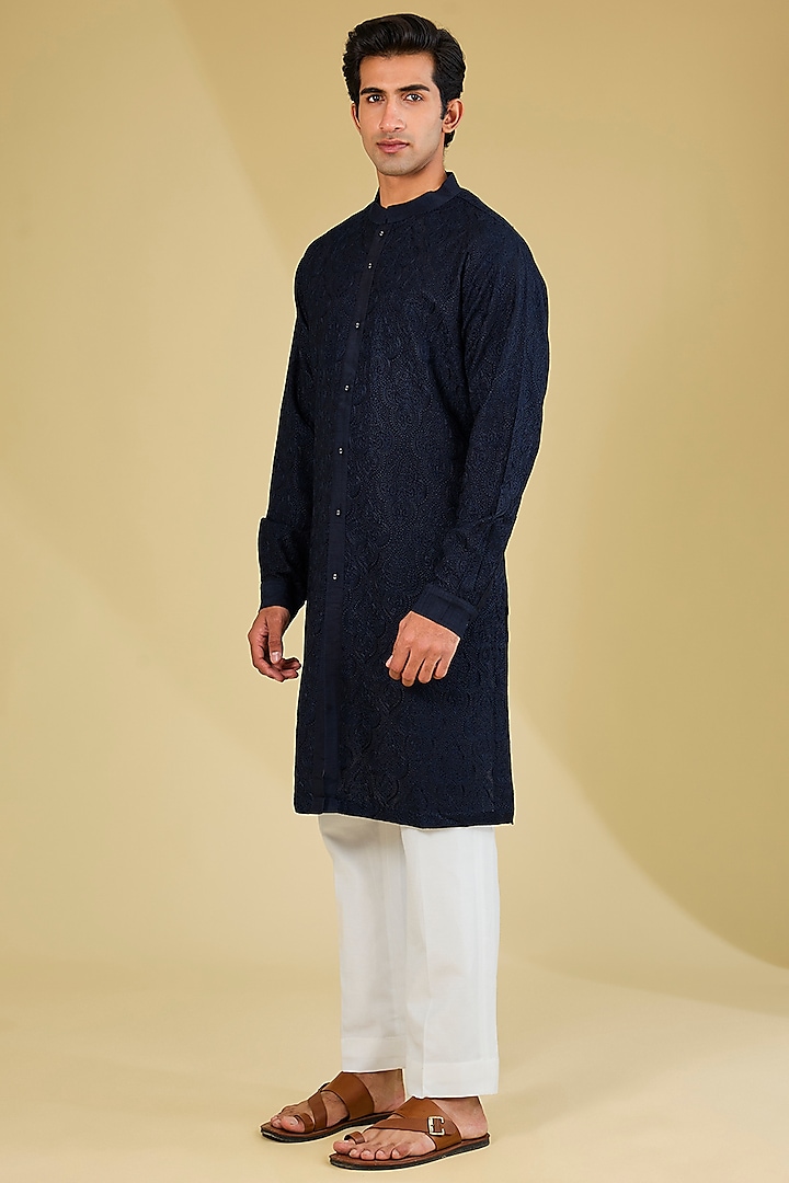 Midnight Blue Silk Dori Embroidered Kurta by Seema Gujral Men at Pernia's Pop Up Shop