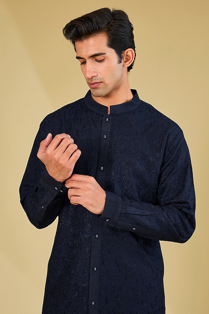 Midnight Blue Silk Dori Embroidered Kurta by Seema Gujral Men at Pernia's Pop Up Shop