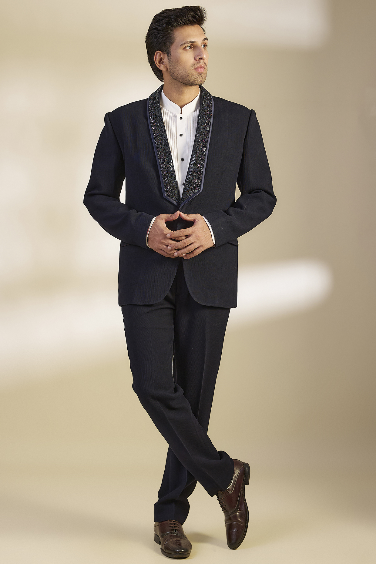 Black Textured Suiting Tuxedo Set by Seema Gujral Men
