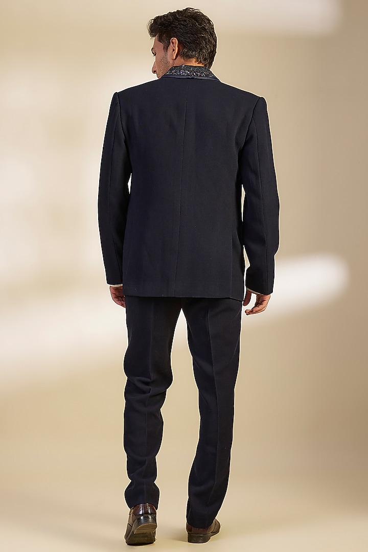 Midnight Blue Textured Suiting Tuxedo Set by Seema Gujral Men at Pernia's Pop Up Shop