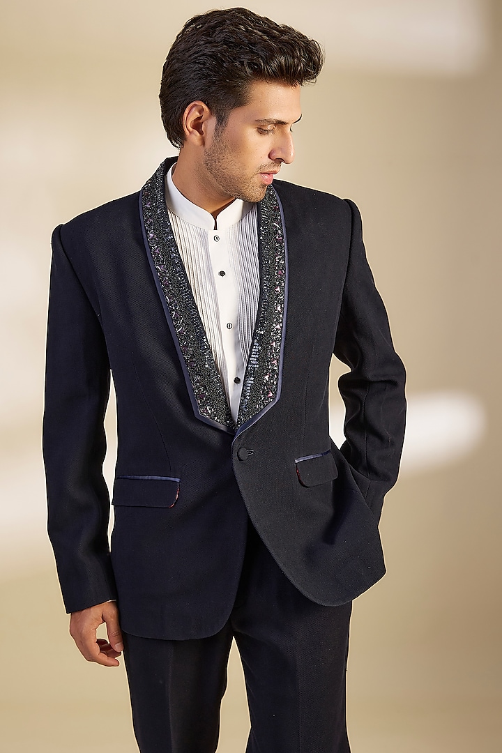 Midnight Blue Textured Suiting Tuxedo Set by Seema Gujral Men at Pernia's Pop Up Shop