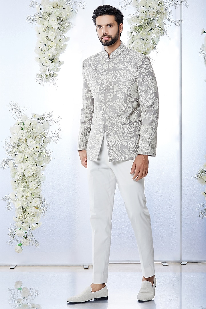 Grey Raw Silk Sequins Embroidered Groom Bandhgala Set by Seema Gujral Men at Pernia's Pop Up Shop
