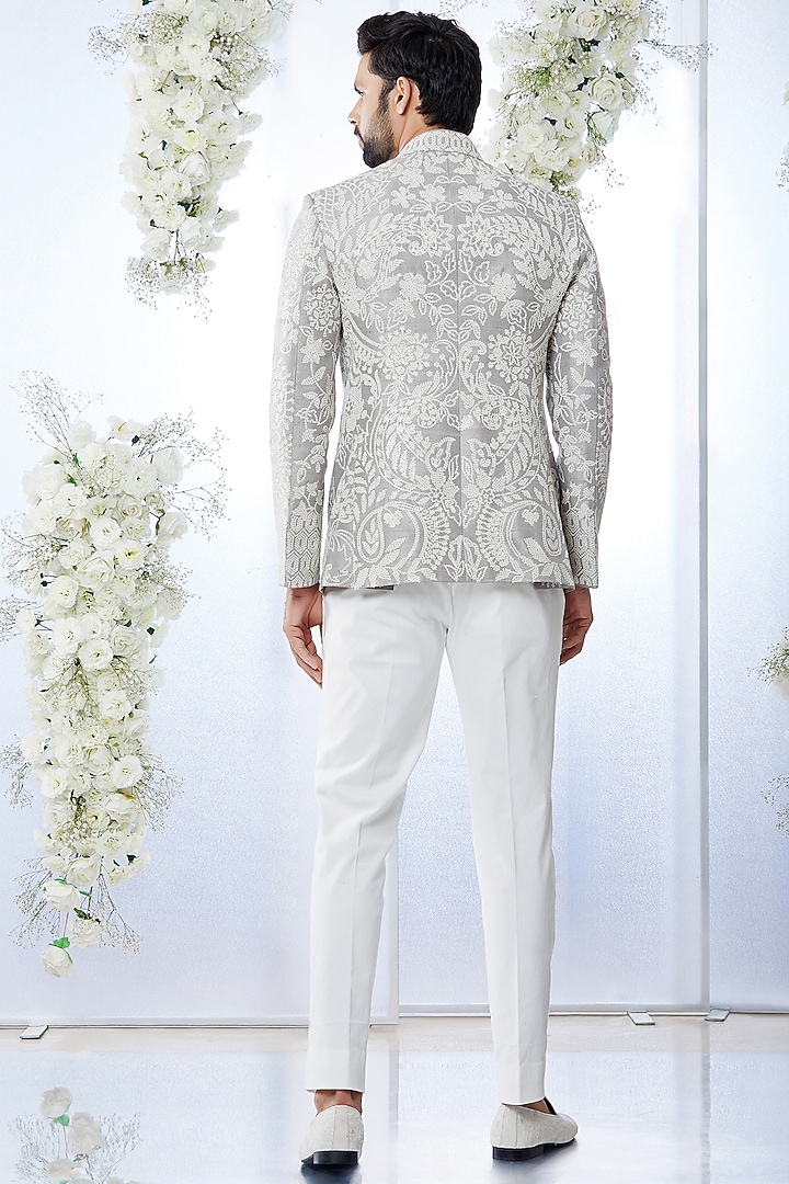 Grey Raw Silk Sequins Embroidered Groom Bandhgala Set by Seema Gujral Men at Pernia's Pop Up Shop