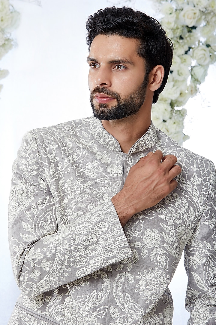 Grey Raw Silk Sequins Embroidered Groom Bandhgala Set by Seema Gujral Men at Pernia's Pop Up Shop
