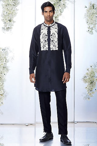 Black Silk Kurta Set by Seema Gujral Men