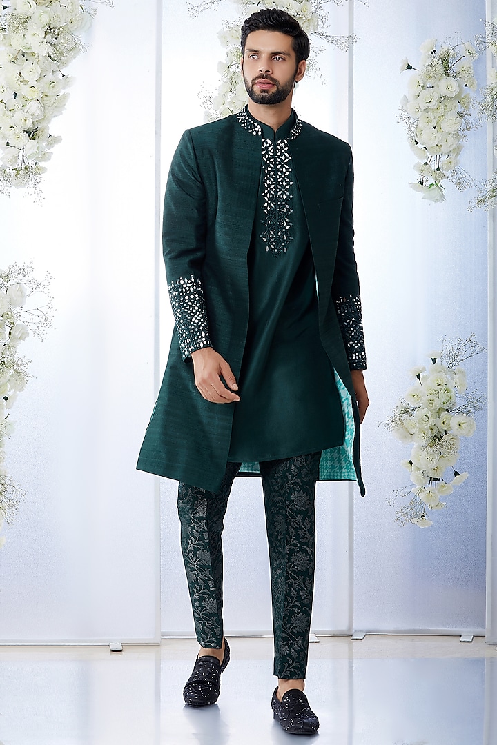 Emerald Green Silk Indowestern Set by Seema Gujral Men