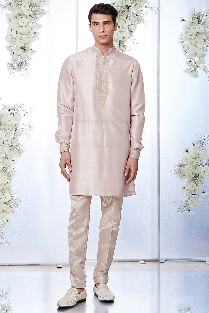 Rose Gold Silk Kurta Set by Seema Gujral Men