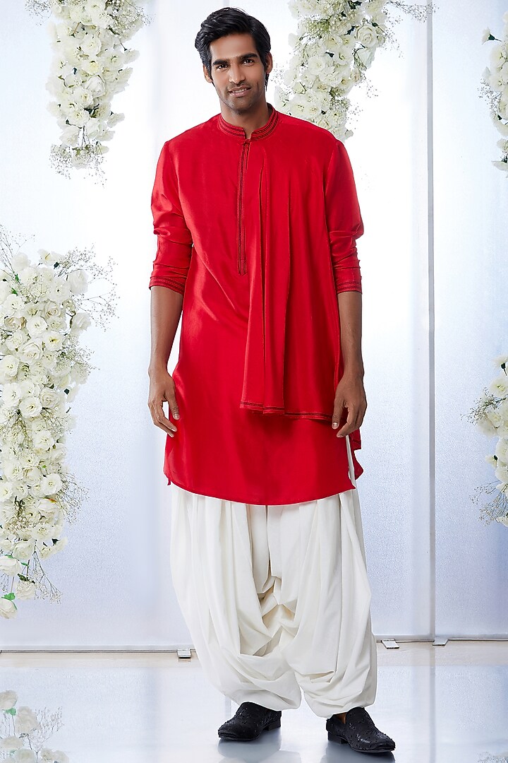 Deep Red Silk Nehru Jacket With Kurta Set by Seema Gujral Men at Pernia's Pop Up Shop