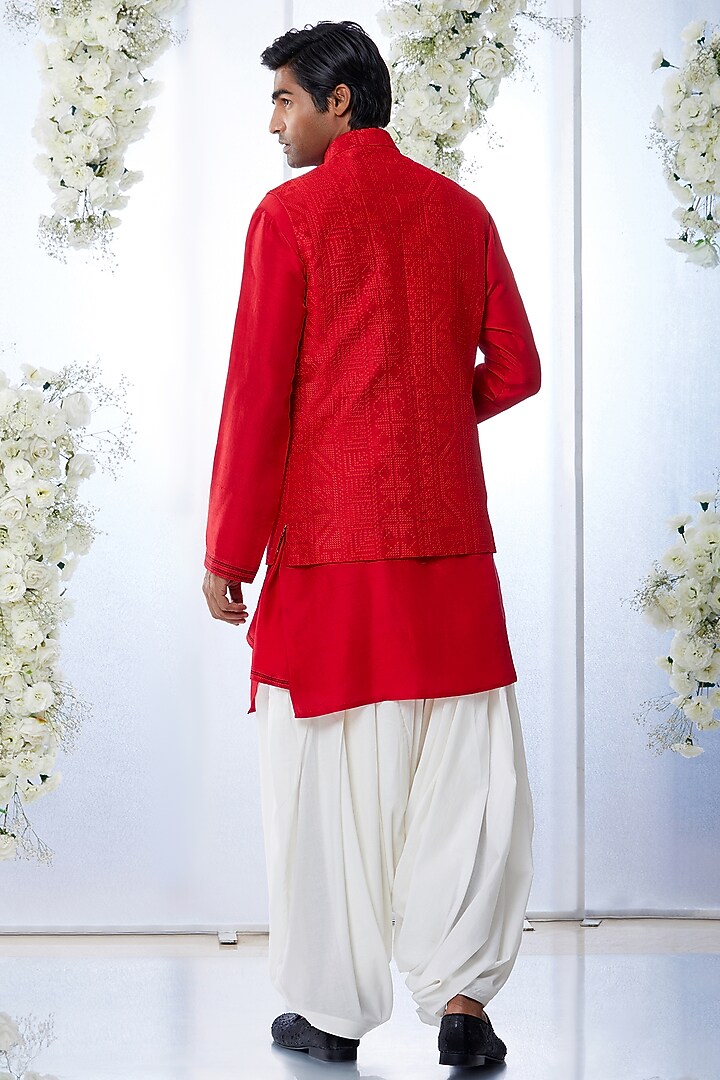 Deep Red Silk Nehru Jacket With Kurta Set by Seema Gujral Men at Pernia's Pop Up Shop