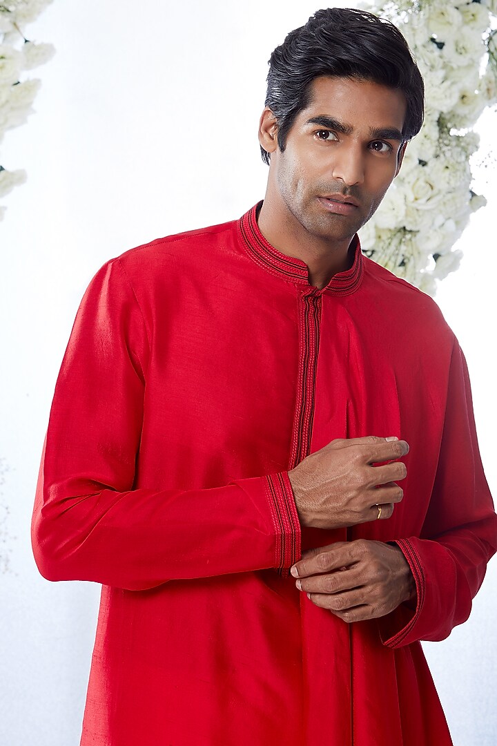 Deep Red Silk Nehru Jacket With Kurta Set by Seema Gujral Men at Pernia's Pop Up Shop