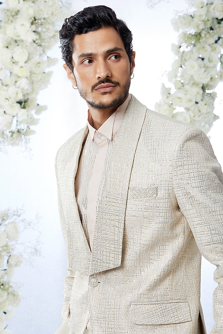 Beige Tissue Raw Silk Tuxedo Set by Seema Gujral Men at Pernia's Pop Up Shop