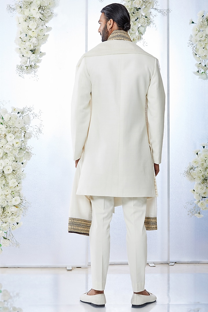 Ivory Silk Groom Sherwani Set With Stole Footwear by Seema